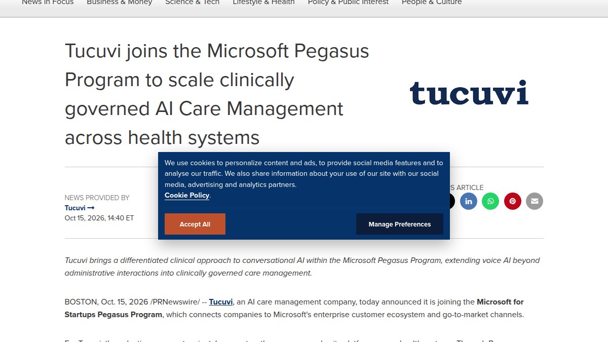 Tucuvi 加入微软 Pegasus 计划：临床语音 AI 代理 LOLA 已在 80 余家医疗机构运行 50 余类工作流