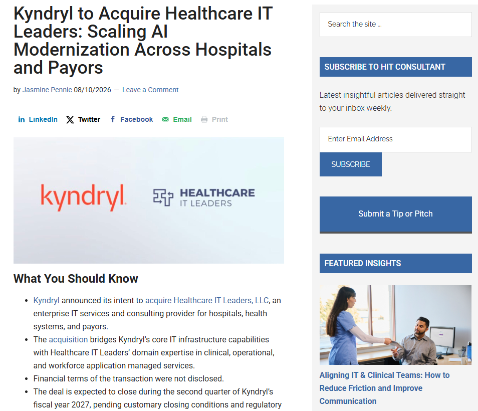 Kyndryl 拟收购 Healthcare IT Leaders，强化医院和支付方 AI 现代化服务能力