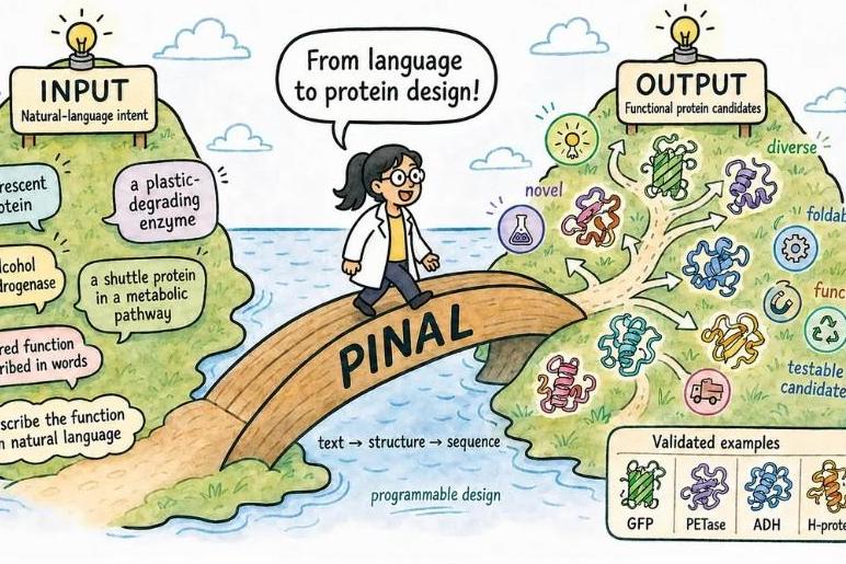 图注:Pinal的工作方式——自然语言输入,经结构桥梁生成候选功能蛋白