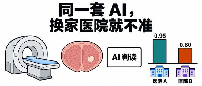 同一套AI模型在不同医院间AUC从0.95跌到0.60的对比示意
