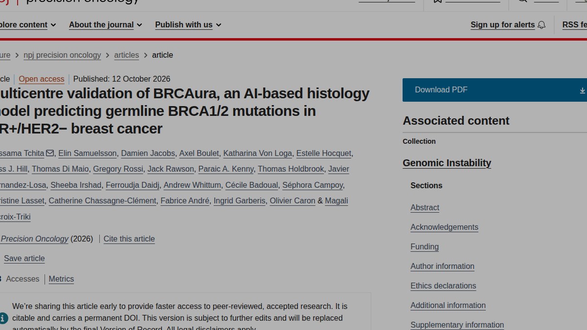 六中心 1025 例外部验证 BRCAura：H&E 全片直接预测胚系 BRCA1/2 突变，AUC 0.81 与 0.82 可排除约三分之一野生型