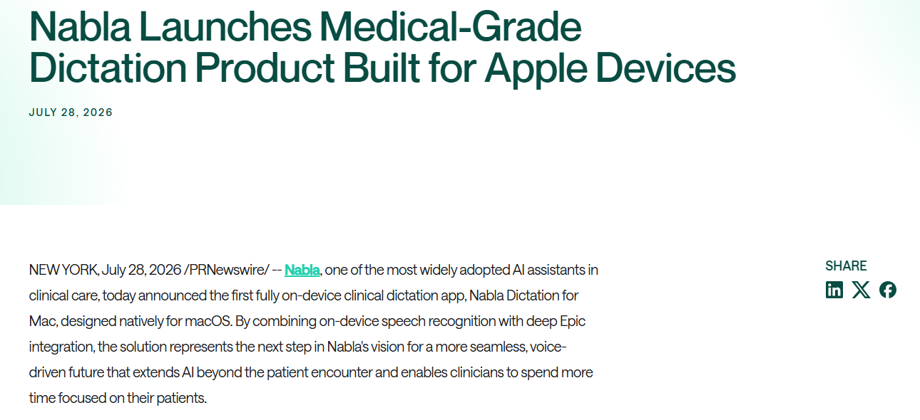 Nabla 发布面向 Mac 的本地化医疗级听写产品，并深度集成 Epic