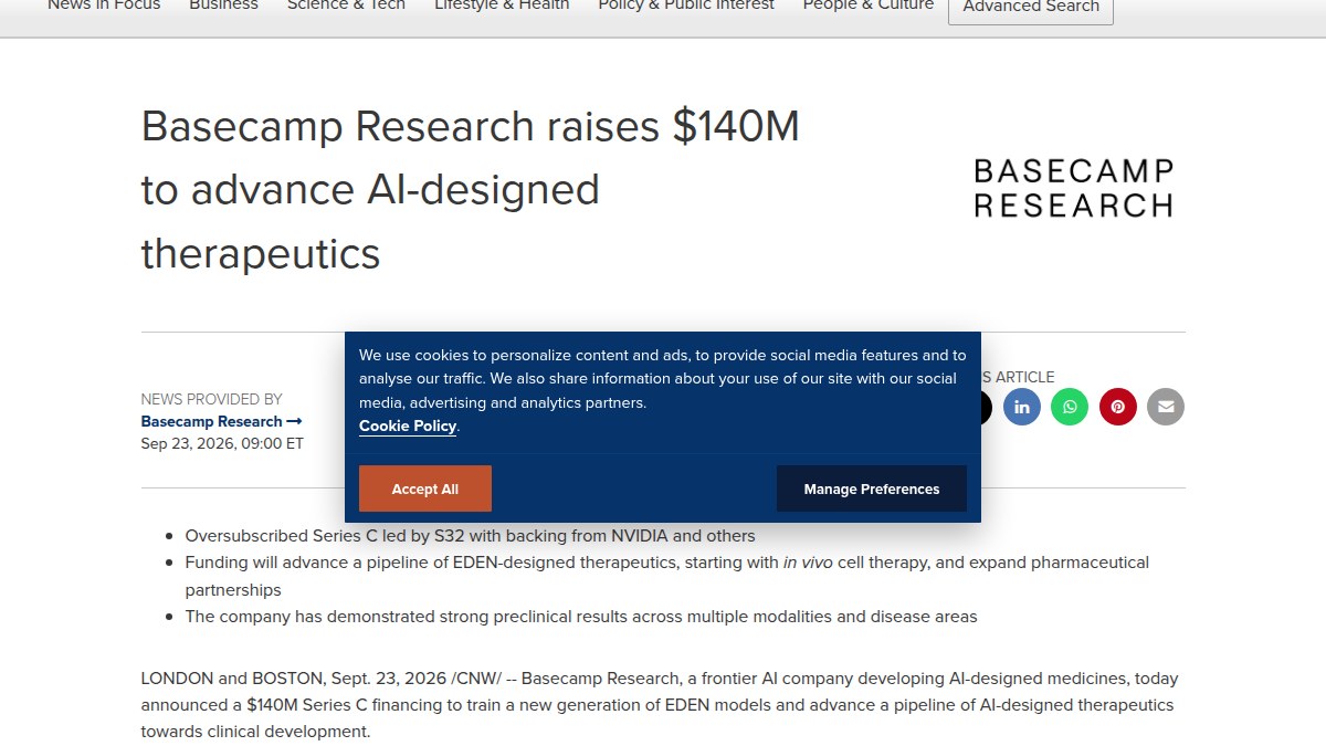 Basecamp Research融资1.4亿美元：EDEN生物基础模型配上万亿基因图谱，要把体内细胞疗法做成可设计的药