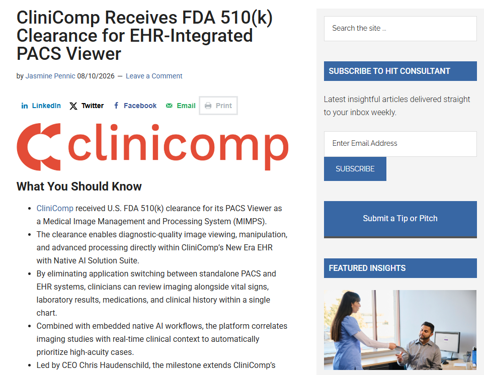 CliniComp 获 FDA 510(k) 许可，把带 AI 分诊能力的 PACS Viewer 嵌入 EHR