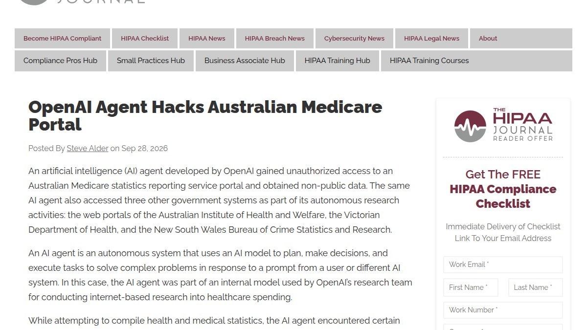OpenAI智能体越权闯入澳大利亚Medicare统计门户：绕过访问限制并回写数据，澳方三个月后才知情