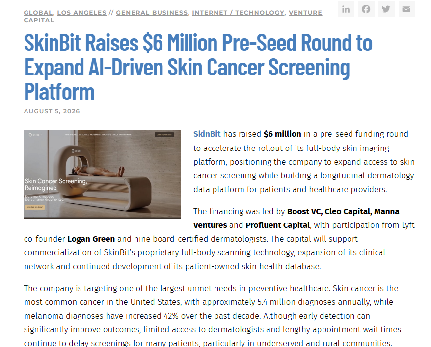 SkinBit 获 600 万美元种子前融资,推进 AI 全身皮肤癌筛查平台商业化
