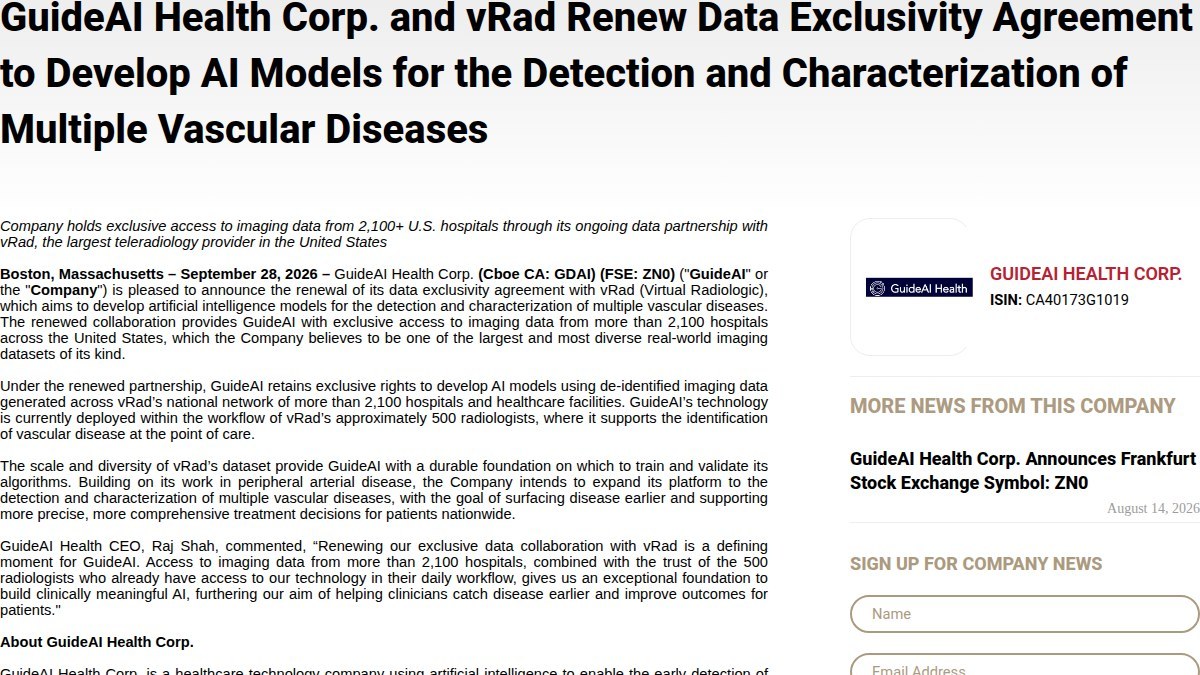 GuideAI Health续签vRad数据独占：2100余家医院去标识影像，接入约500名放射科医生工作流