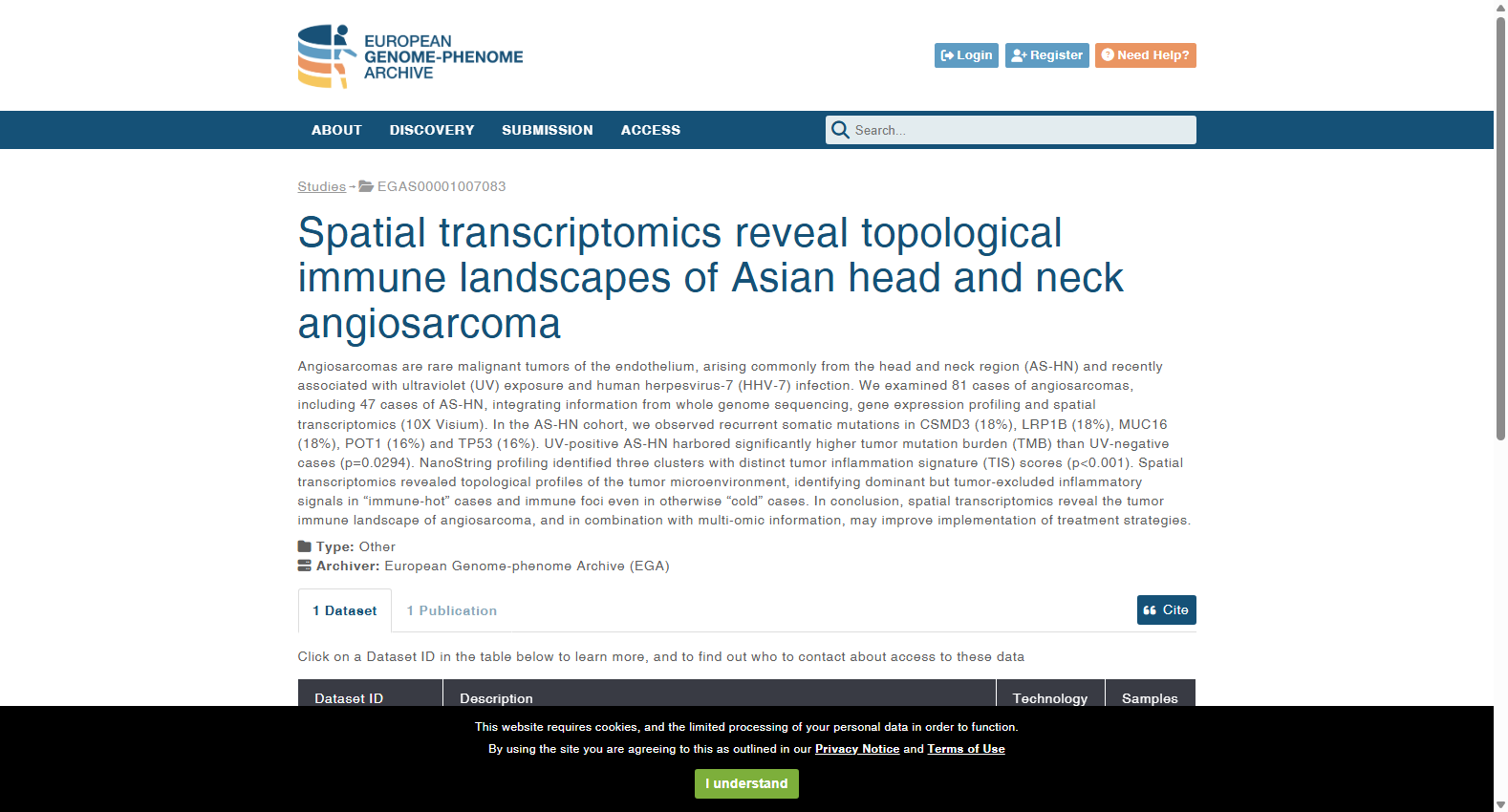 EGAS00001007083 Spatial transcriptomics reveal topological immune landscapes of Asian head and neck angiosarcoma
