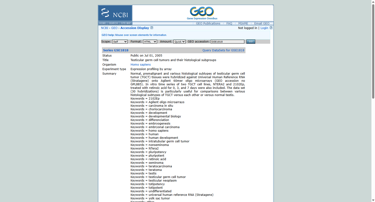 GSE1818 Testicular Germ Cell Tumor Expression Profiling
