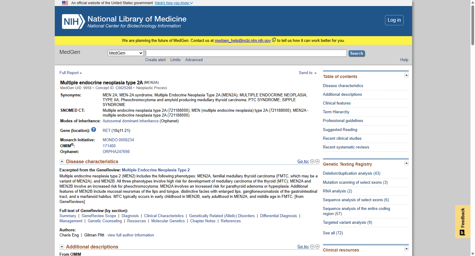 NCBI MedGen Multiple Endocrine Neoplasia Type 2A