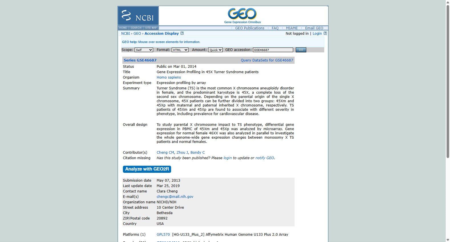 Turner syndrome 45X expression profile GSE46687