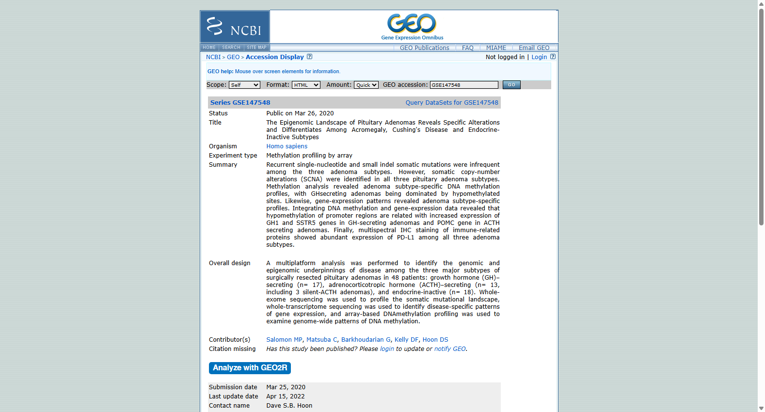 GSE147548 Pituitary adenoma methylation landscape