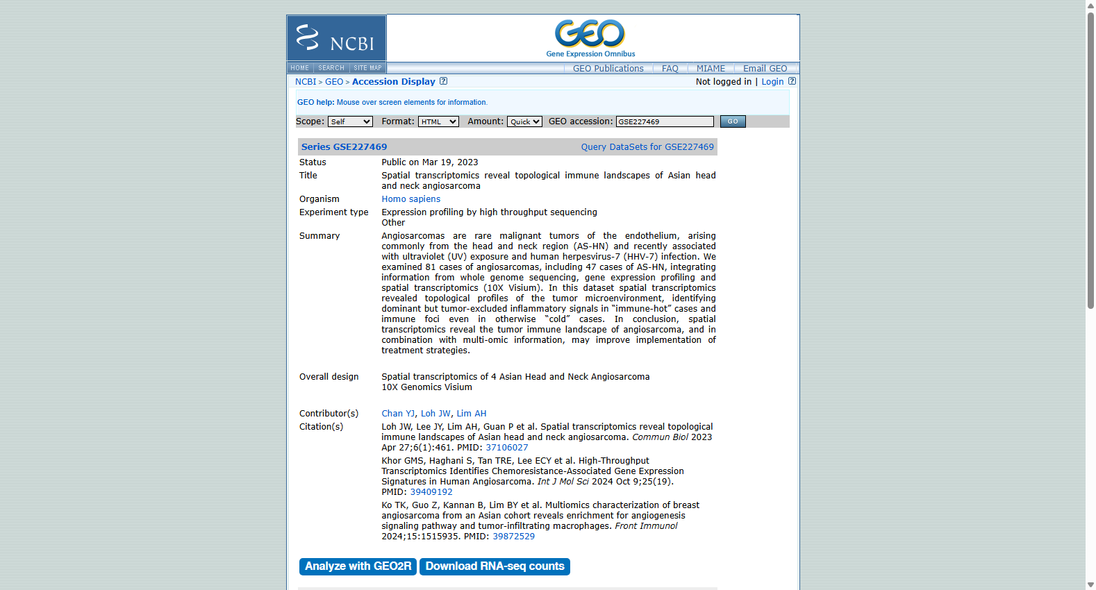 GSE227469 Spatial transcriptomics of Asian head and neck angiosarcoma