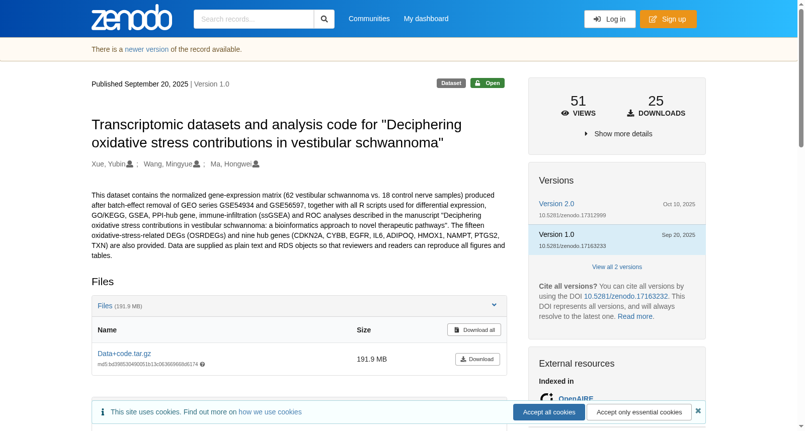 Transcriptomic datasets and analysis code for "Deciphering oxidative stress contributions in vestibular schwannoma"