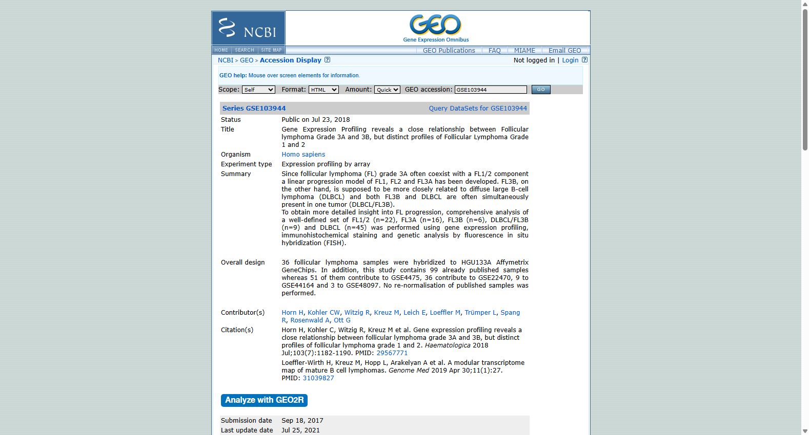 GSE103944 Follicular Lymphoma Grade Expression Dataset
