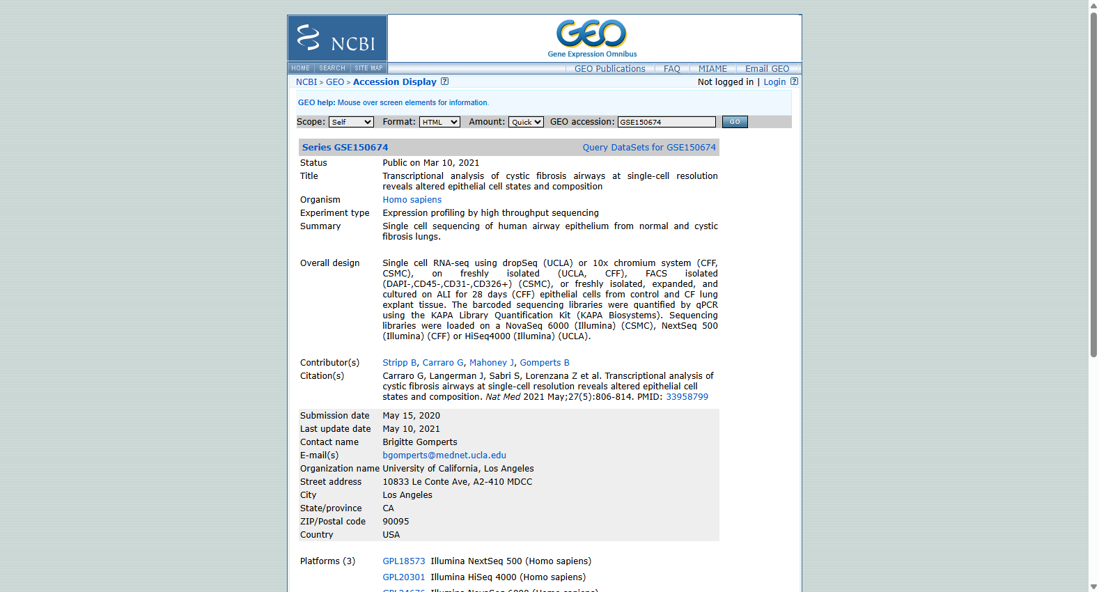 Single-cell cystic fibrosis airway transcriptome GSE150674