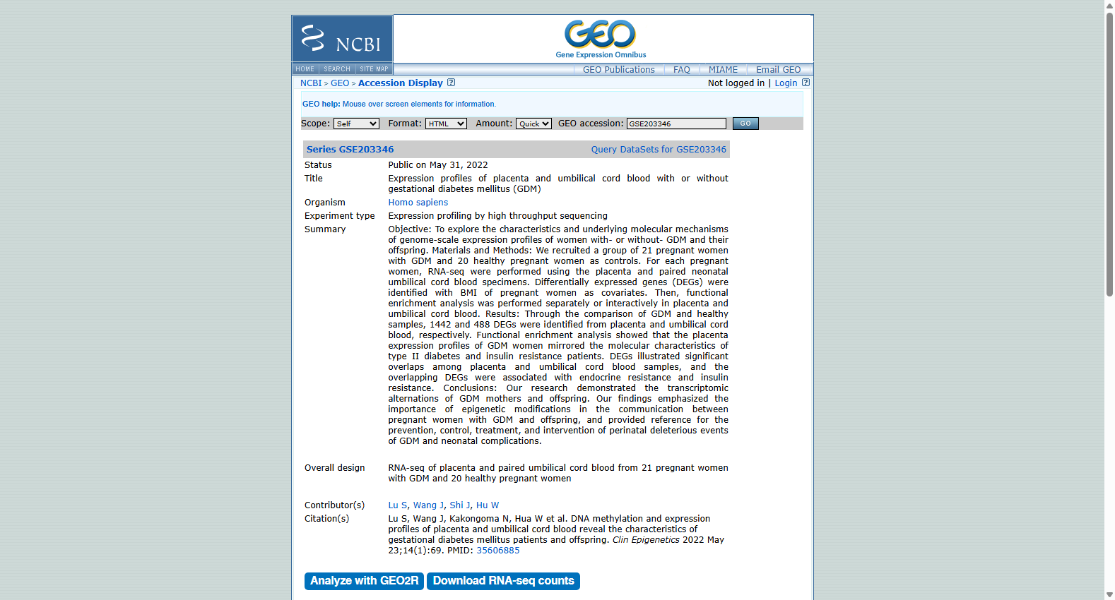 GSE203346 Placenta and cord blood expression profiles with GDM
