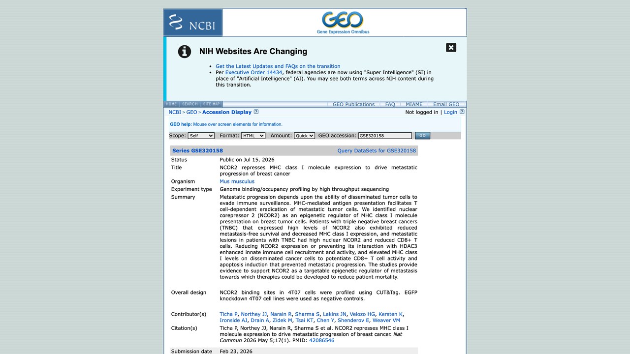 PRJNA1426978:NCOR2 抑制 MHC I 类分子表达驱动乳腺癌转移