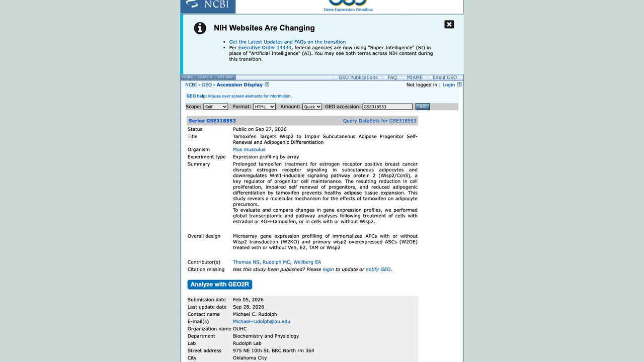 PRJNA1419219:Tamoxifen 靶向 Wisp2 损害皮下脂肪祖细胞自我更新与成脂分化