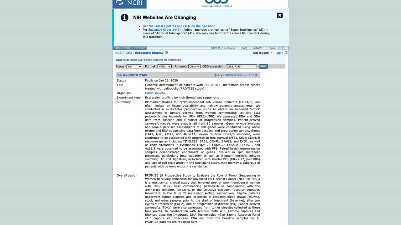 PRJNA1406769：HR+/HER2-转移性乳腺癌palbociclib治疗患者基因组评估（PROMISE研究）