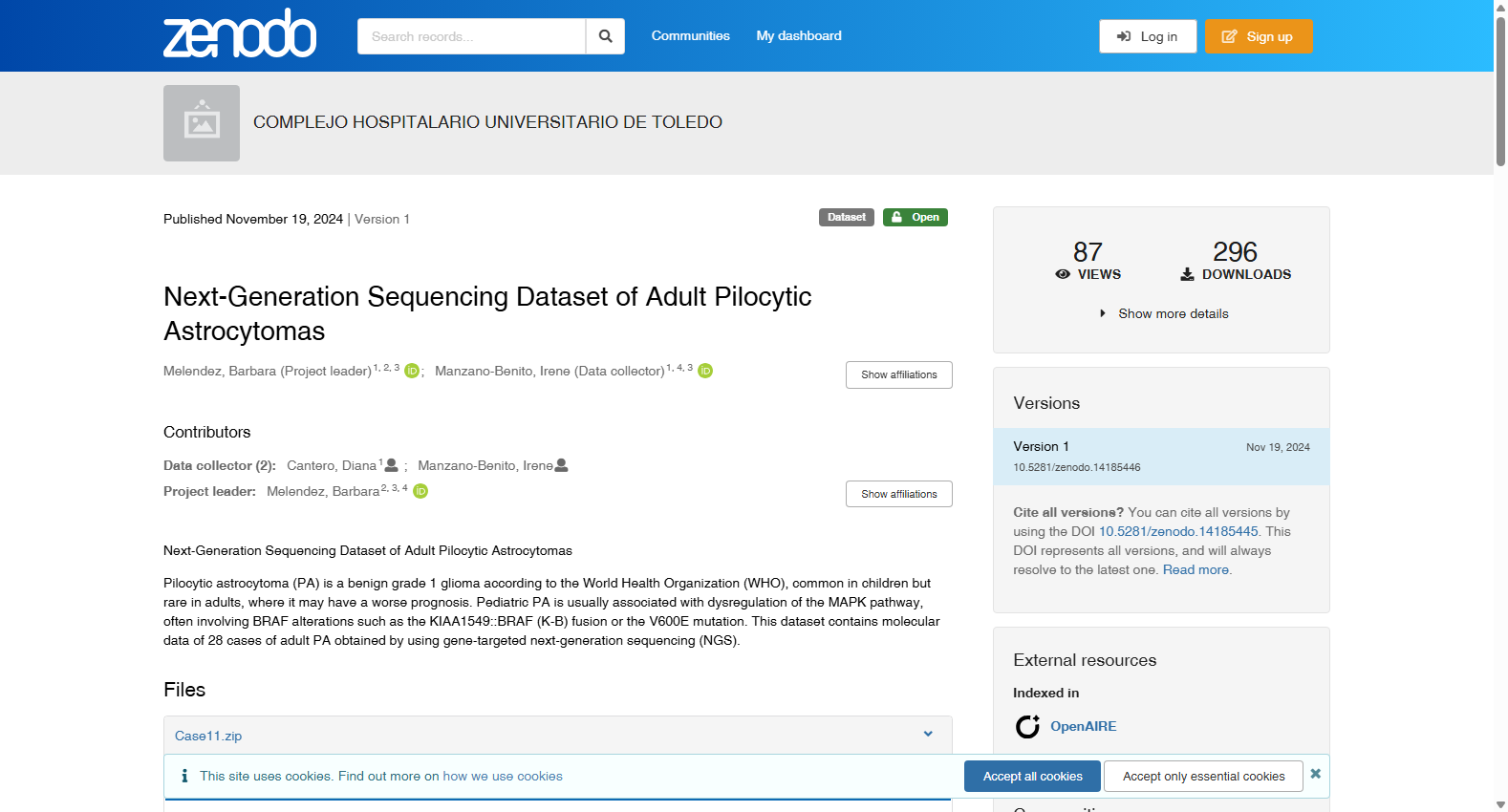 Next-Generation Sequencing Dataset of Adult Pilocytic Astrocytoma