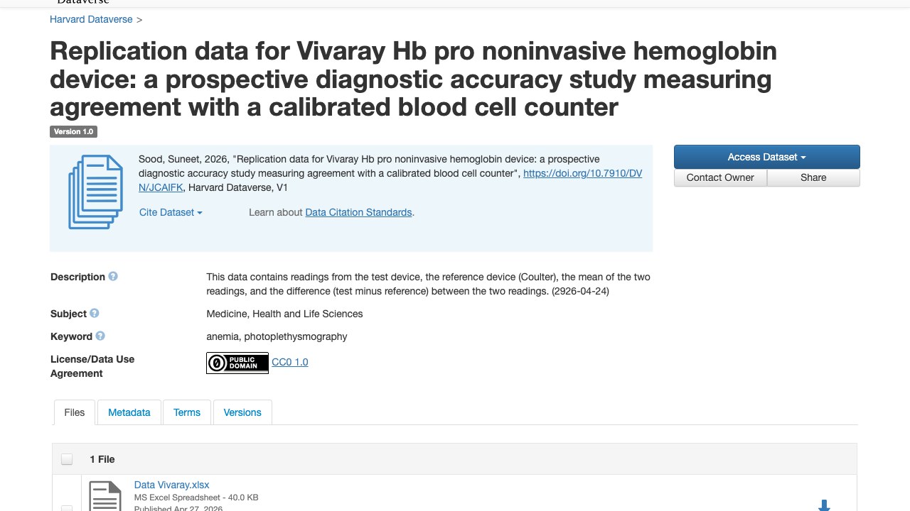 Vivaray Hb pro 无创血红蛋白设备复现数据:与校准血细胞计数仪一致性前瞻性诊断准确性研究