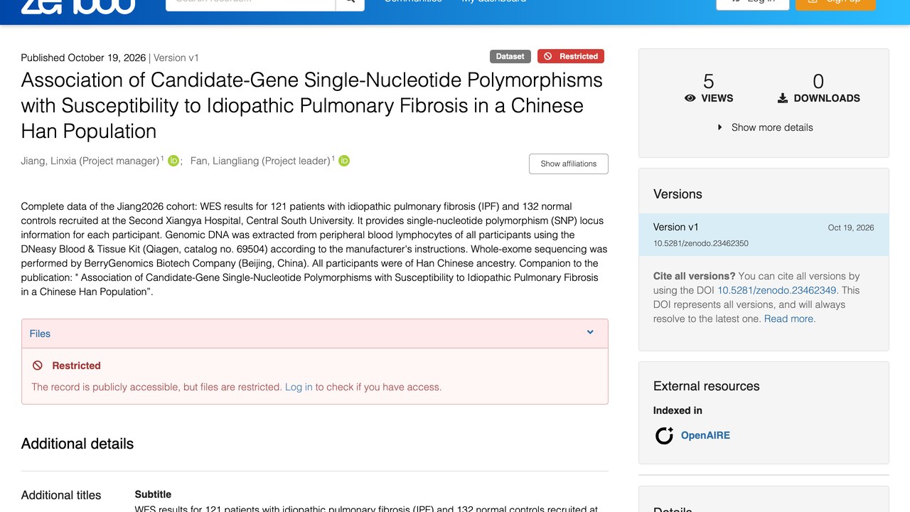 中国汉族人群候选基因单核苷酸多态性与特发性肺纤维化易感性关联数据集