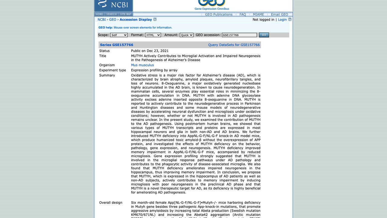 GSE157766：MUTYH在阿尔茨海默病发病中主动促进小胶质细胞激活与神经发生受损