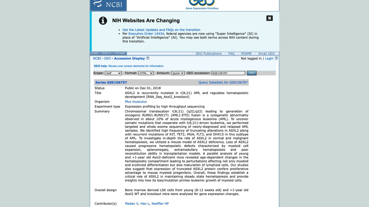 PRJNA418090:ASXL2在t(8;21) AML中反复突变并调控造血发育(RNA_Seq_Asxl2敲除)