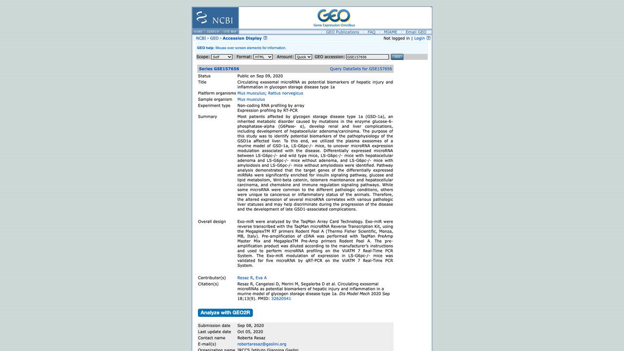 GSE157656:循环外泌体microRNA作为糖原贮积病1a型肝损伤与炎症的潜在生物标志物