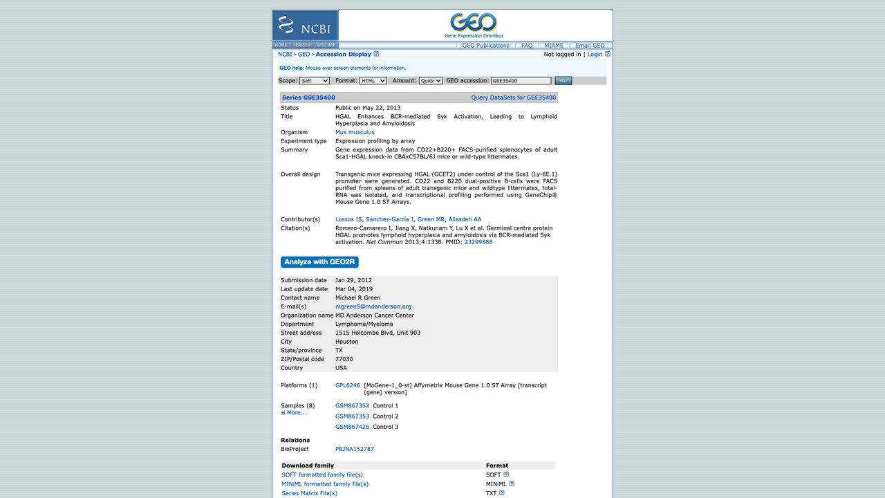 GSE35400:HGAL增强BCR介导的Syk激活导致淋巴组织增生与淀粉样变性