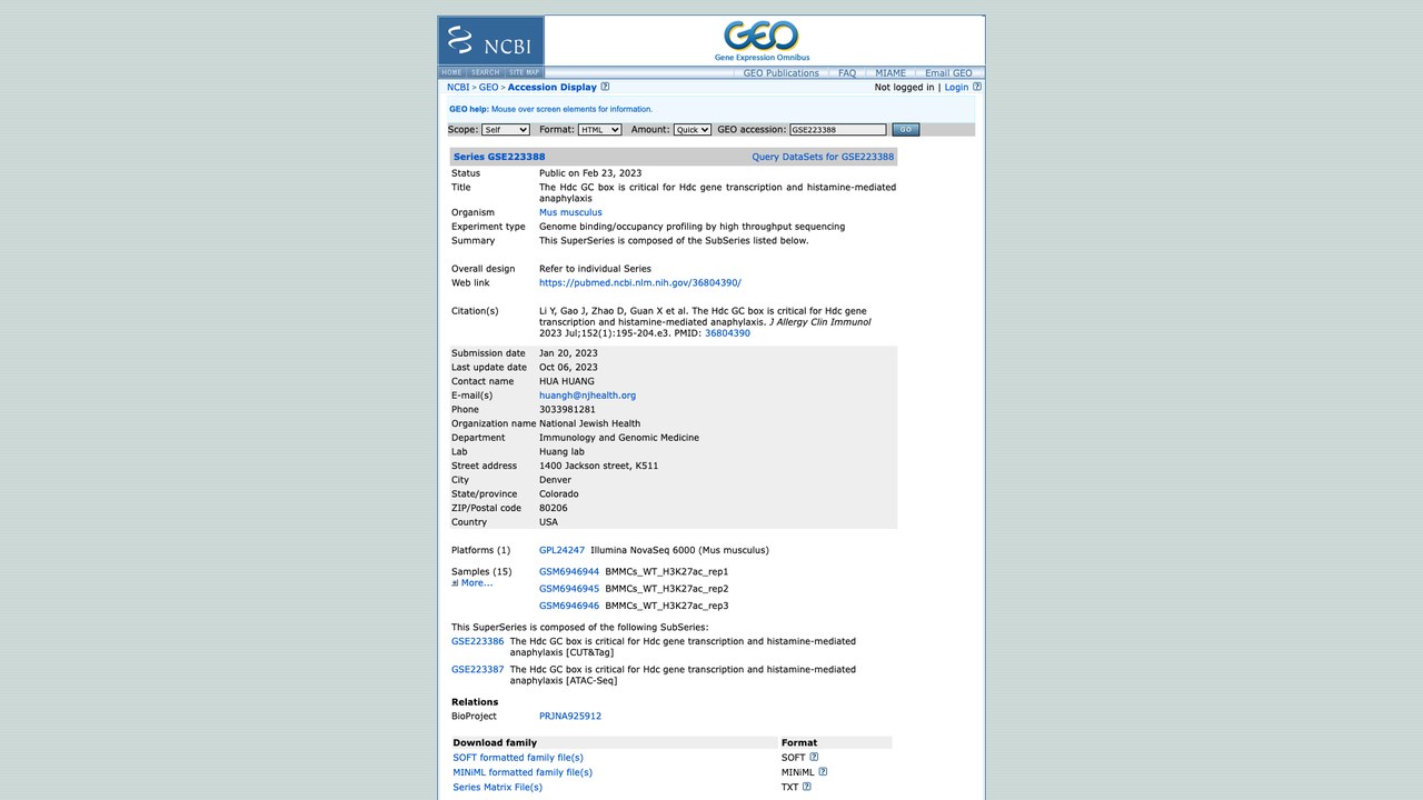 GSE223388:Hdc GC box 对 Hdc 基因转录及组胺介导过敏反应的关键作用