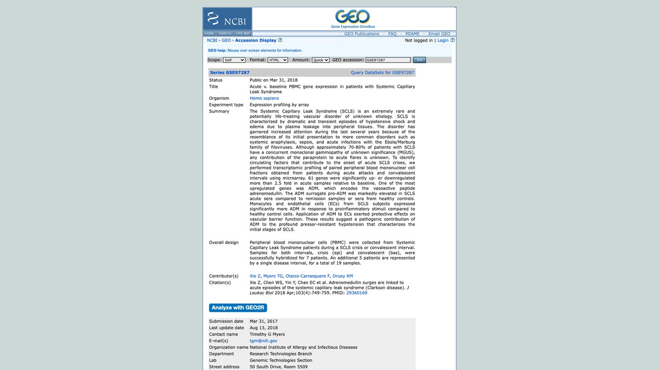 GSE97287:系统性毛细血管渗漏综合征患者急性期与基线PBMC基因表达