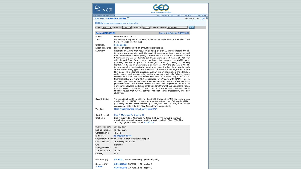 GATA1 N端在红细胞发育中关键代谢作用的bulk RNA-seq数据集