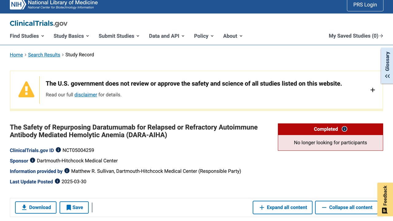 Daratumumab 用于复发或难治性自身免疫抗体介导溶血性贫血的安全性研究