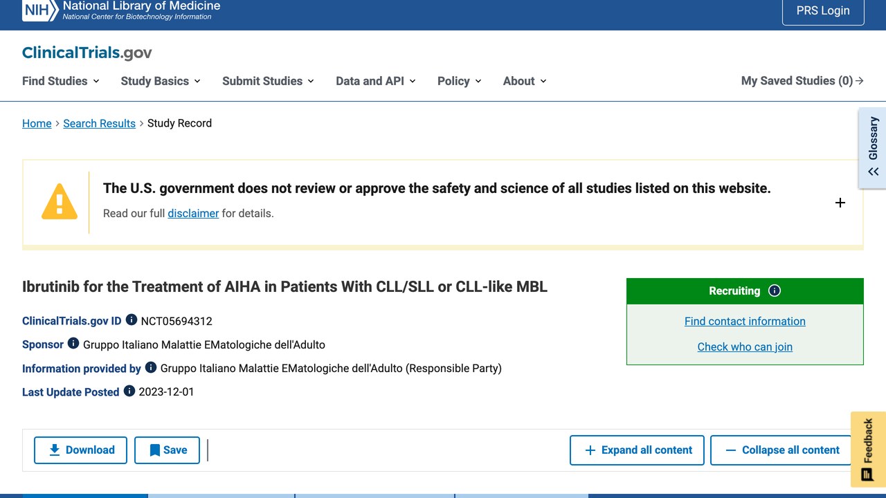 Ibrutinib 治疗 CLL/SLL 或 CLL 样 MBL 患者 AIHA 的研究