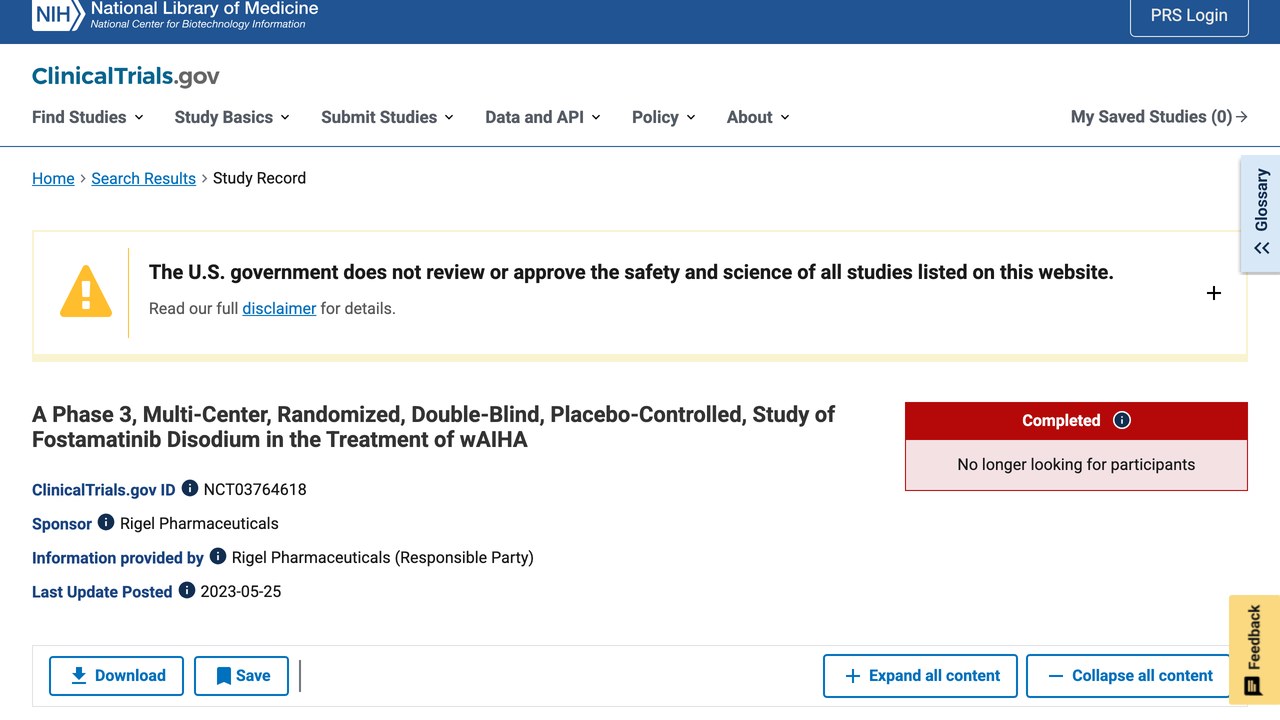 Fostamatinib Disodium治疗wAIHA的3期多中心随机双盲安慰剂对照研究