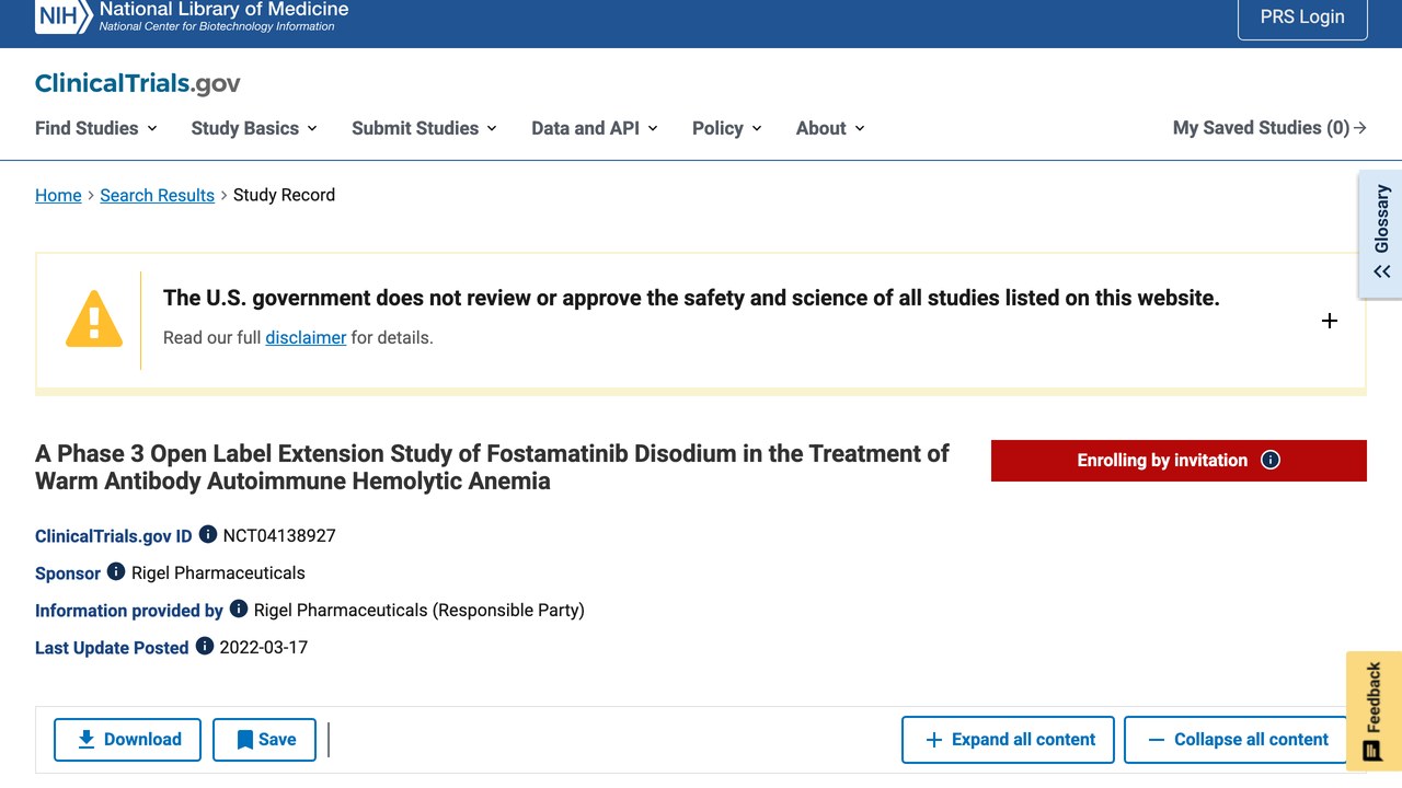 Fostamatinib Disodium 治疗温抗体型自身免疫性溶血性贫血的3期开放标签扩展研究