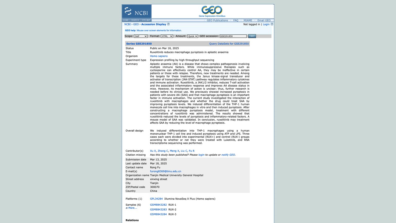 GSE291850:Ruxolitinib减少再生障碍性贫血中的巨噬细胞焦亡