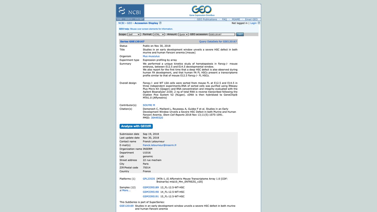 GSE120167：早期发育窗口研究揭示小鼠与人范可尼贫血中严重的HSC缺陷[小鼠]