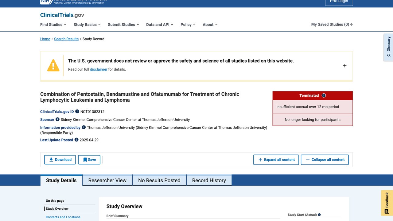 Pentostatin、Bendamustine与Ofatumumab联合治疗慢性淋巴细胞白血病及淋巴瘤数据集