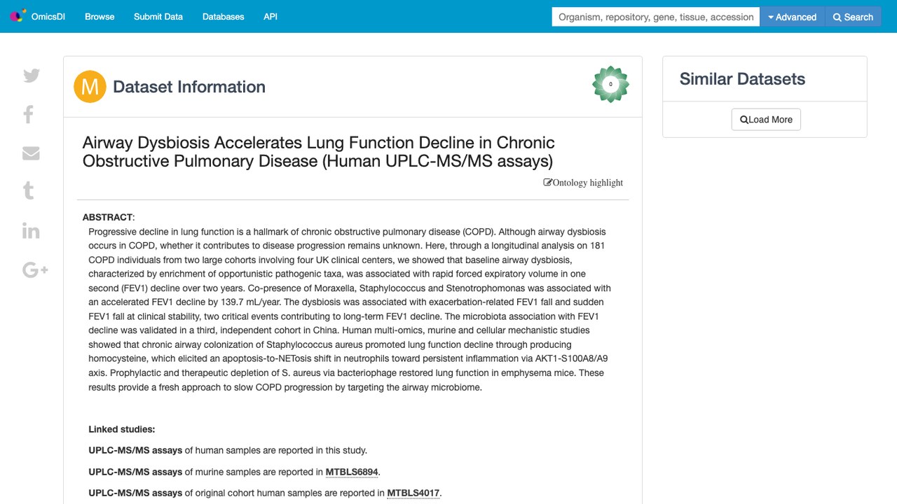 气道菌群失调加速慢性阻塞性肺疾病肺功能下降(人类UPLC-MS/MS检测)