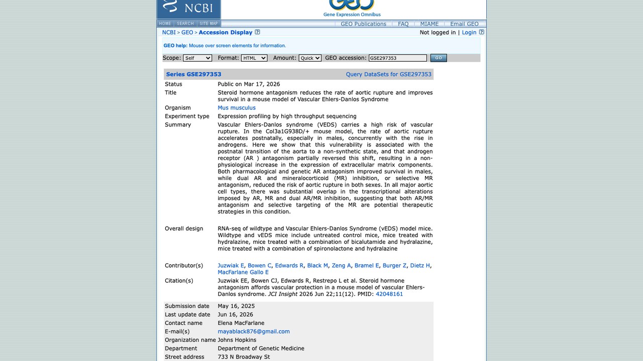 GSE297353：类固醇激素拮抗降低血管型埃勒斯-当洛斯综合征小鼠模型主动脉破裂率并改善生存