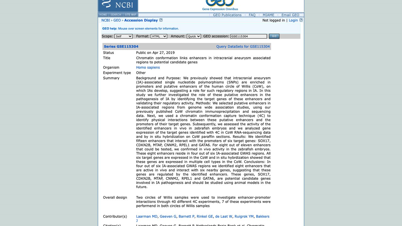 GSE115304：染色质构象将颅内动脉瘤相关区域增强子与候选基因关联