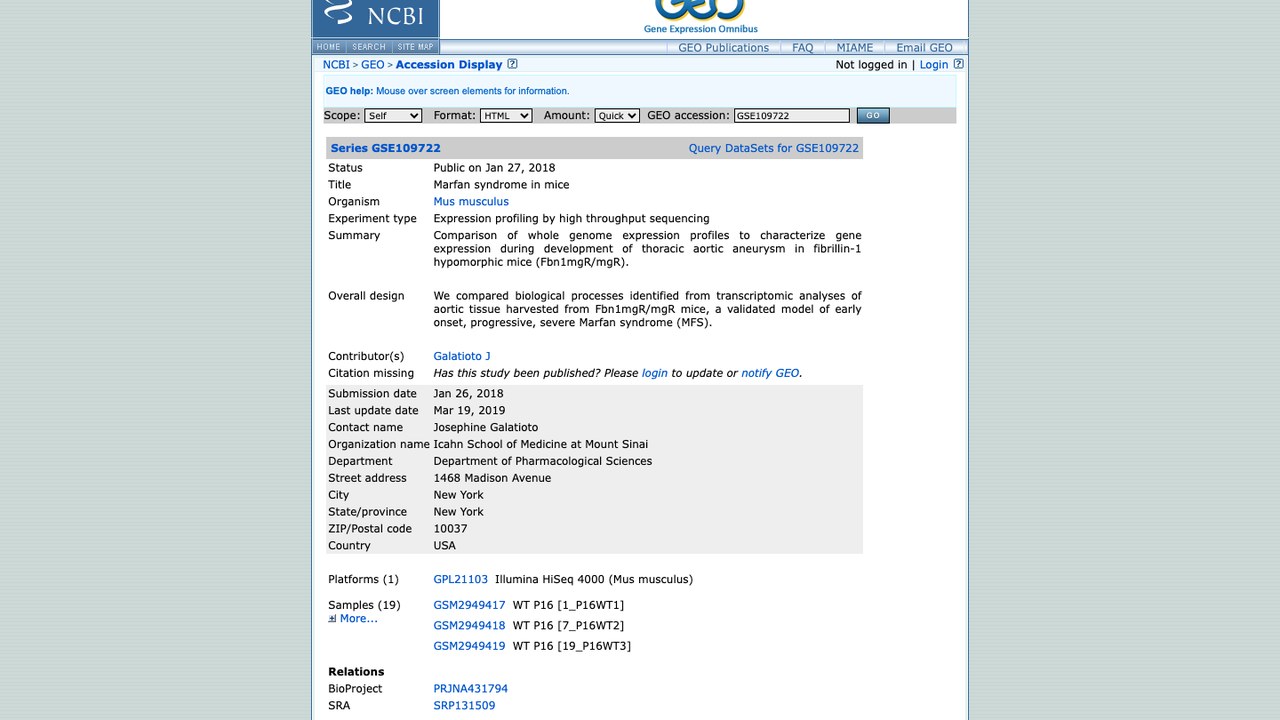 GSE109722:小鼠马凡综合征数据集