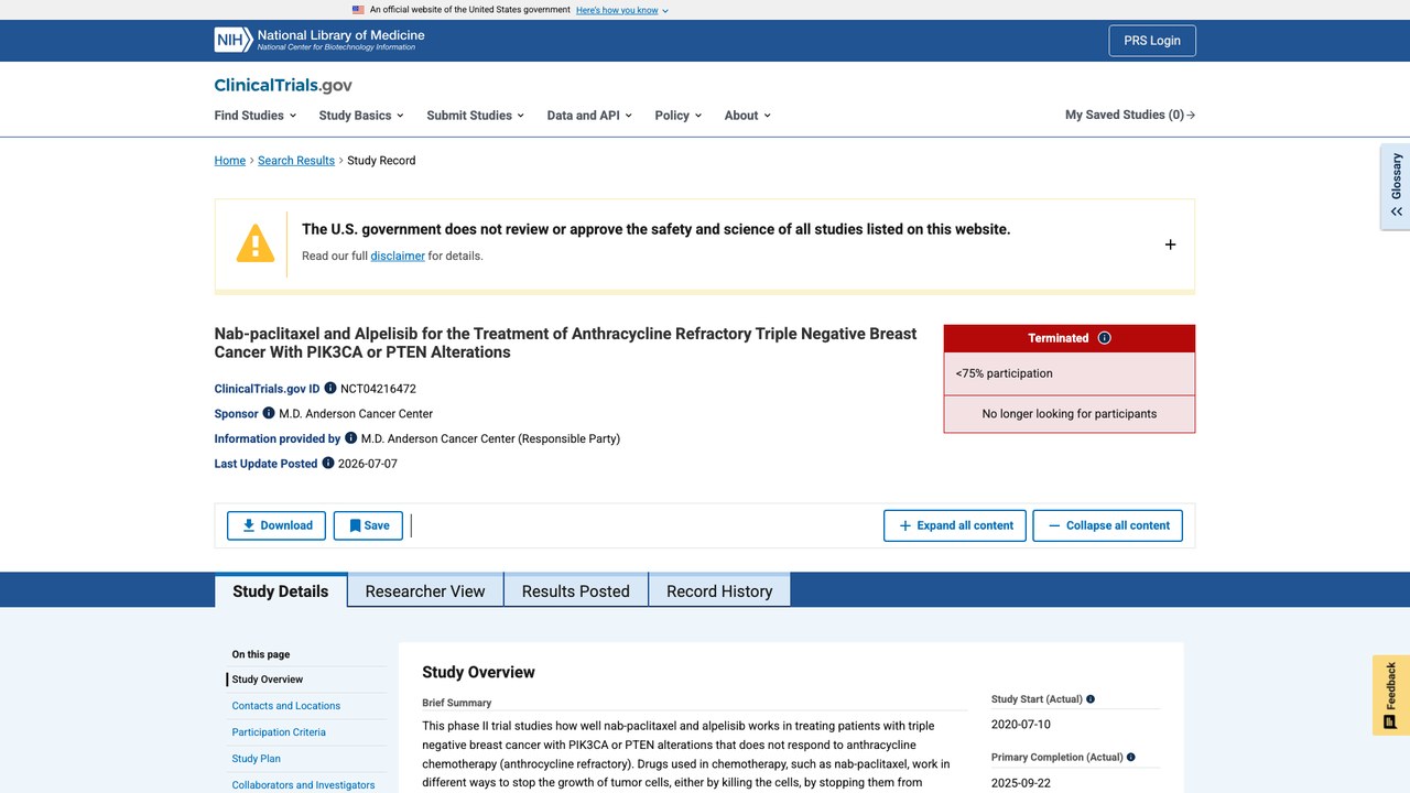 Nab-paclitaxel联合Alpelisib治疗蒽环类难治性PIK3CA或PTEN改变三阴性乳腺癌