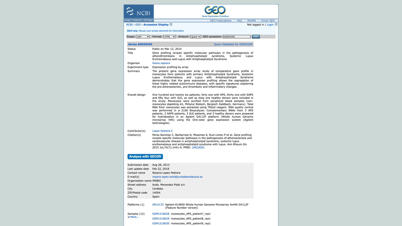 GSE50395：基因谱揭示抗磷脂综合征、系统性红斑狼疮及狼疮合并抗磷脂综合征中动脉血栓形成的特定分子通路
