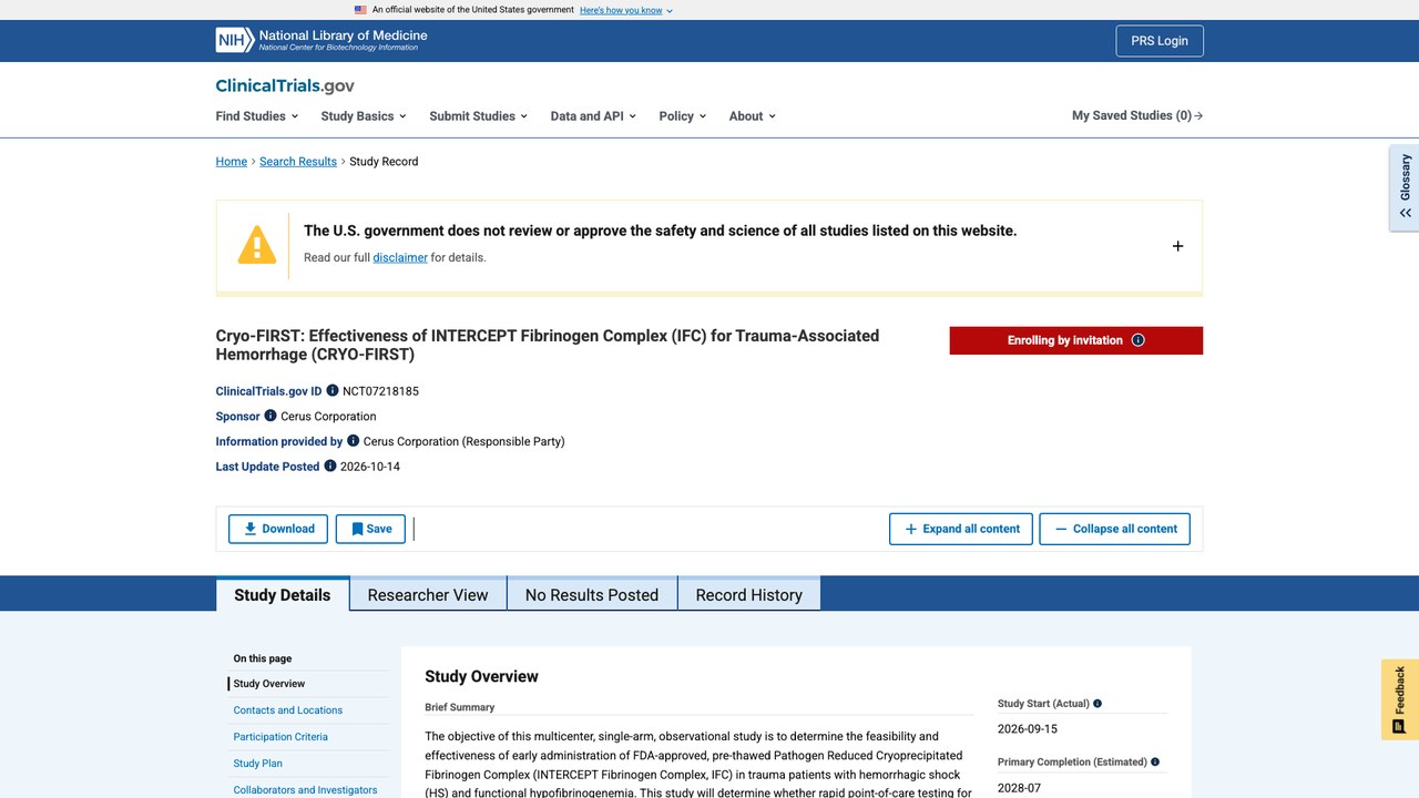 Cryo-FIRST:INTERCEPT Fibrinogen Complex(IFC)治疗创伤相关出血的有效性研究