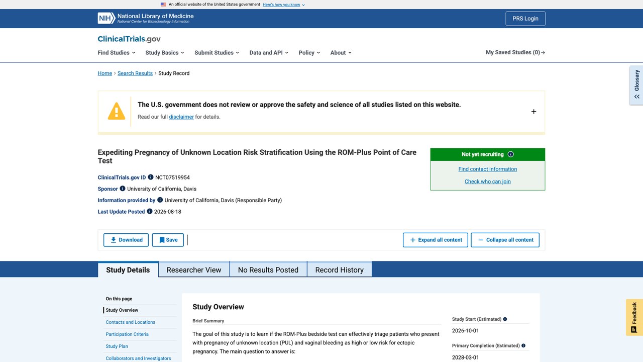 使用ROM-Plus即时检验加速妊娠部位不明风险分层