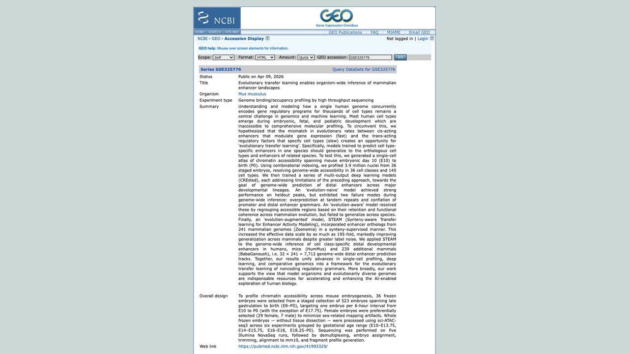 GSE325776：进化迁移学习实现哺乳动物增强子景观的全生物体推断